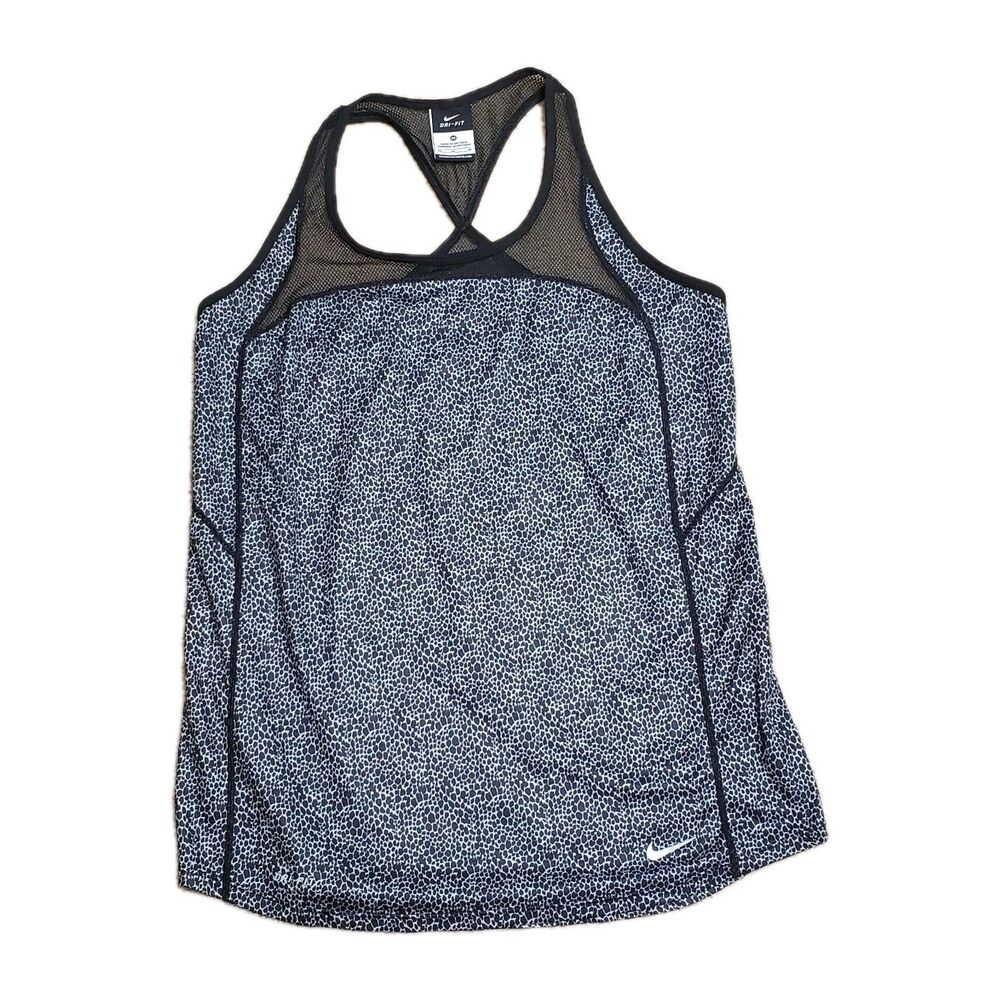 Nike Dri Fit Womens Sz Medium Leopard Racerback Tank Top Mesh Black & White - Picture 1 of 8
